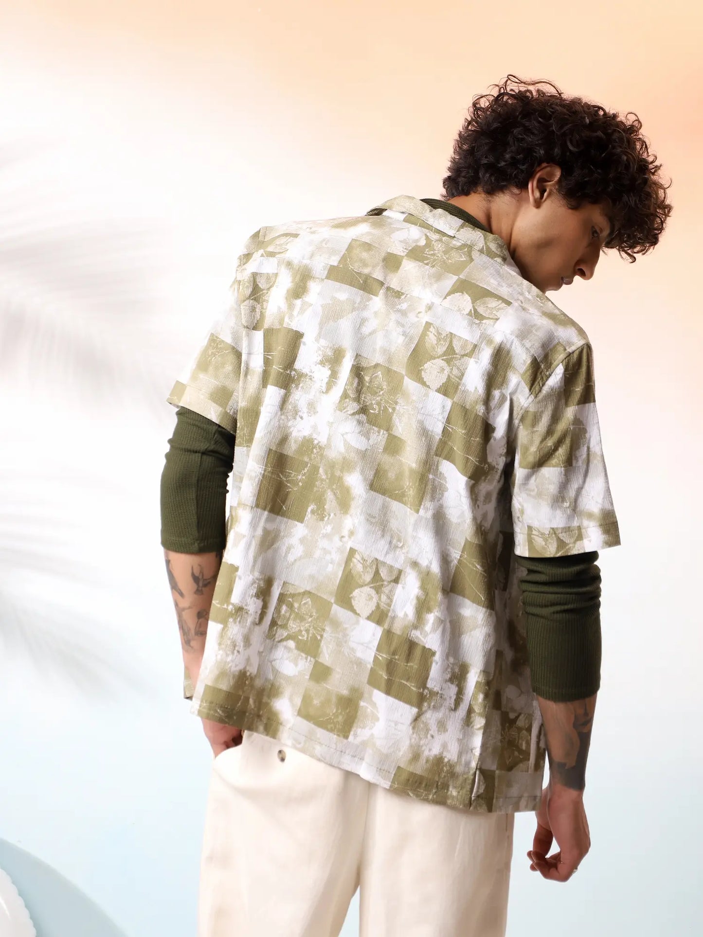 Olive Printed Seersucker Camp Shirt