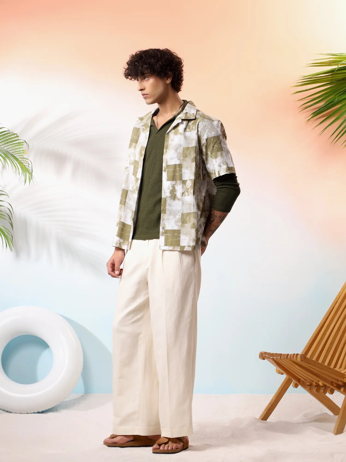 Olive Printed Seersucker Camp Shirt