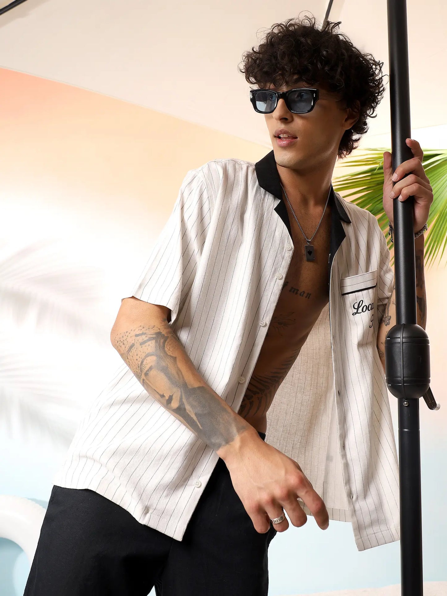 Cream Pinstripe Camp Collar Shirt