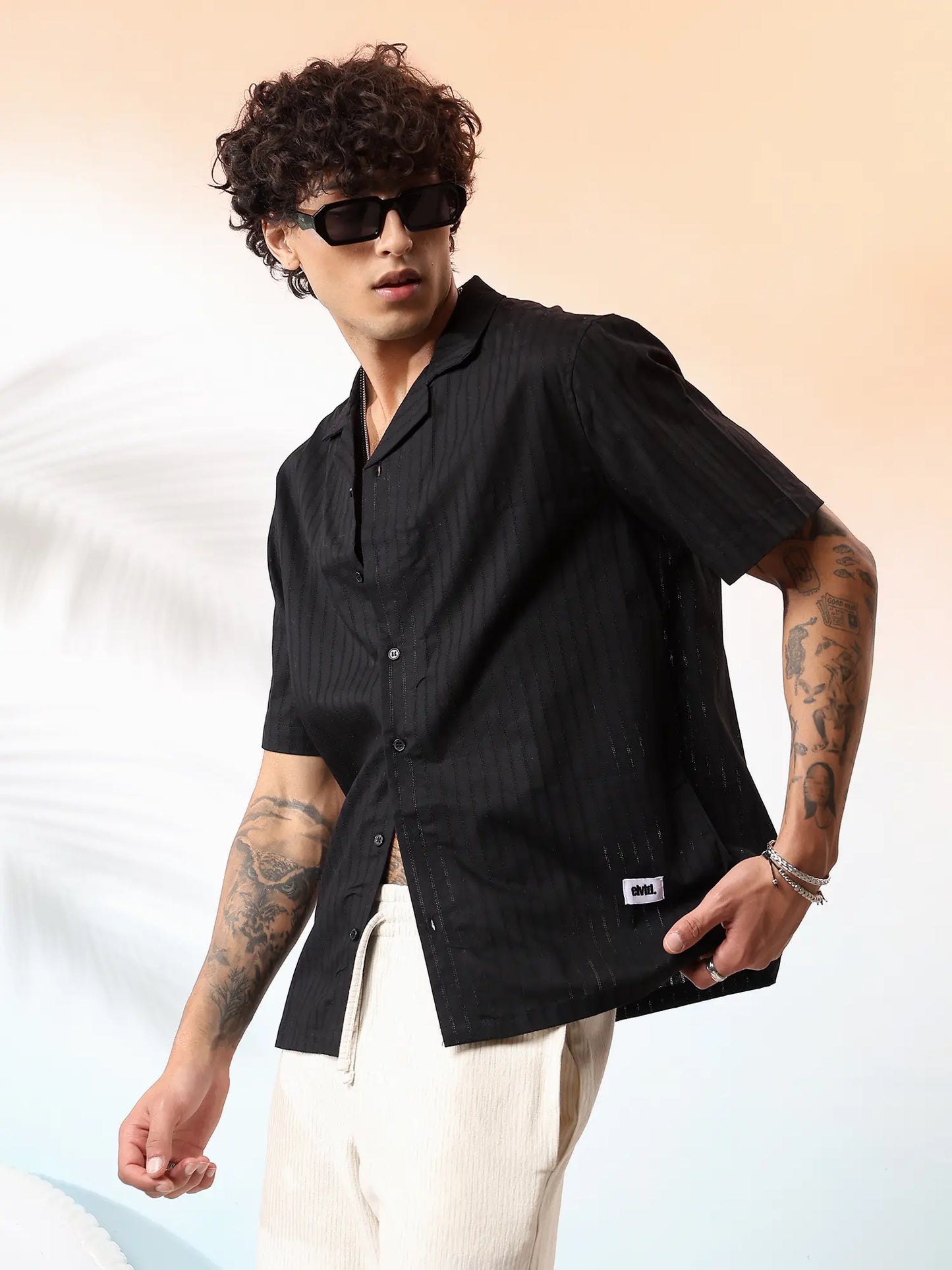 Black Textured Camp Collar Shirt