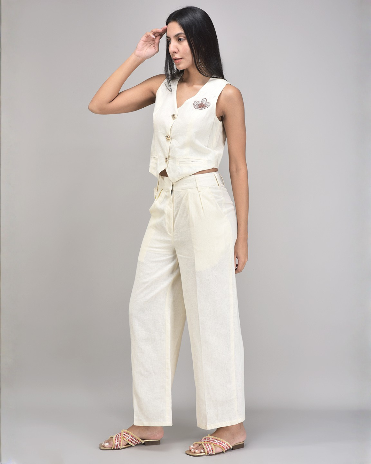Amber Linen Co-ord Set – Embroidered Vest & Beige Wide-Leg Pants