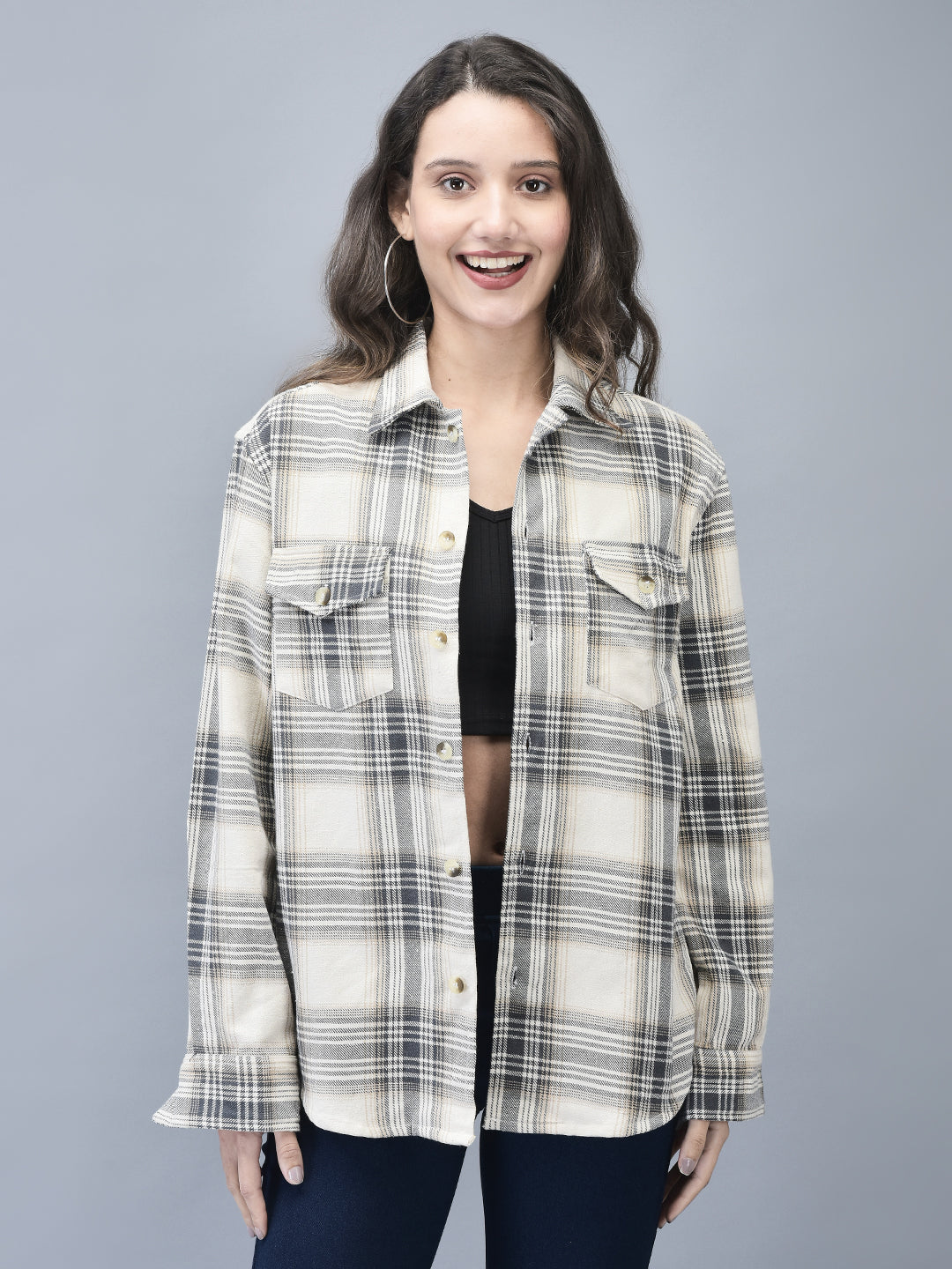 Beige & White Checked Brushed Overshirt | Unisex