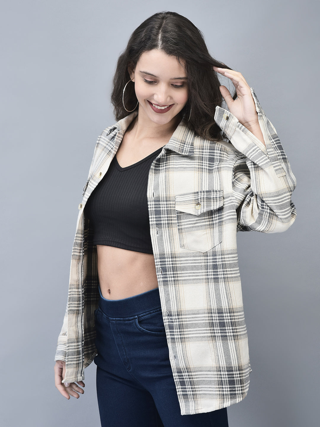 Beige & White Checked Brushed Overshirt | Unisex