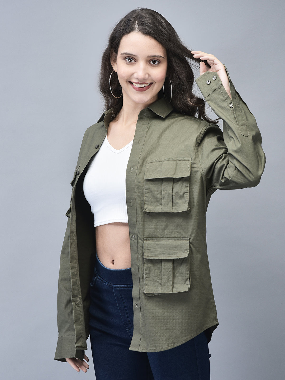 Unisex Olive Ripstop Cotton Cargo Shirt