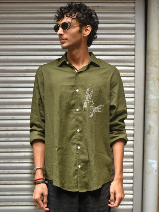 Olive Linen Shirt with White Hand Embroidery