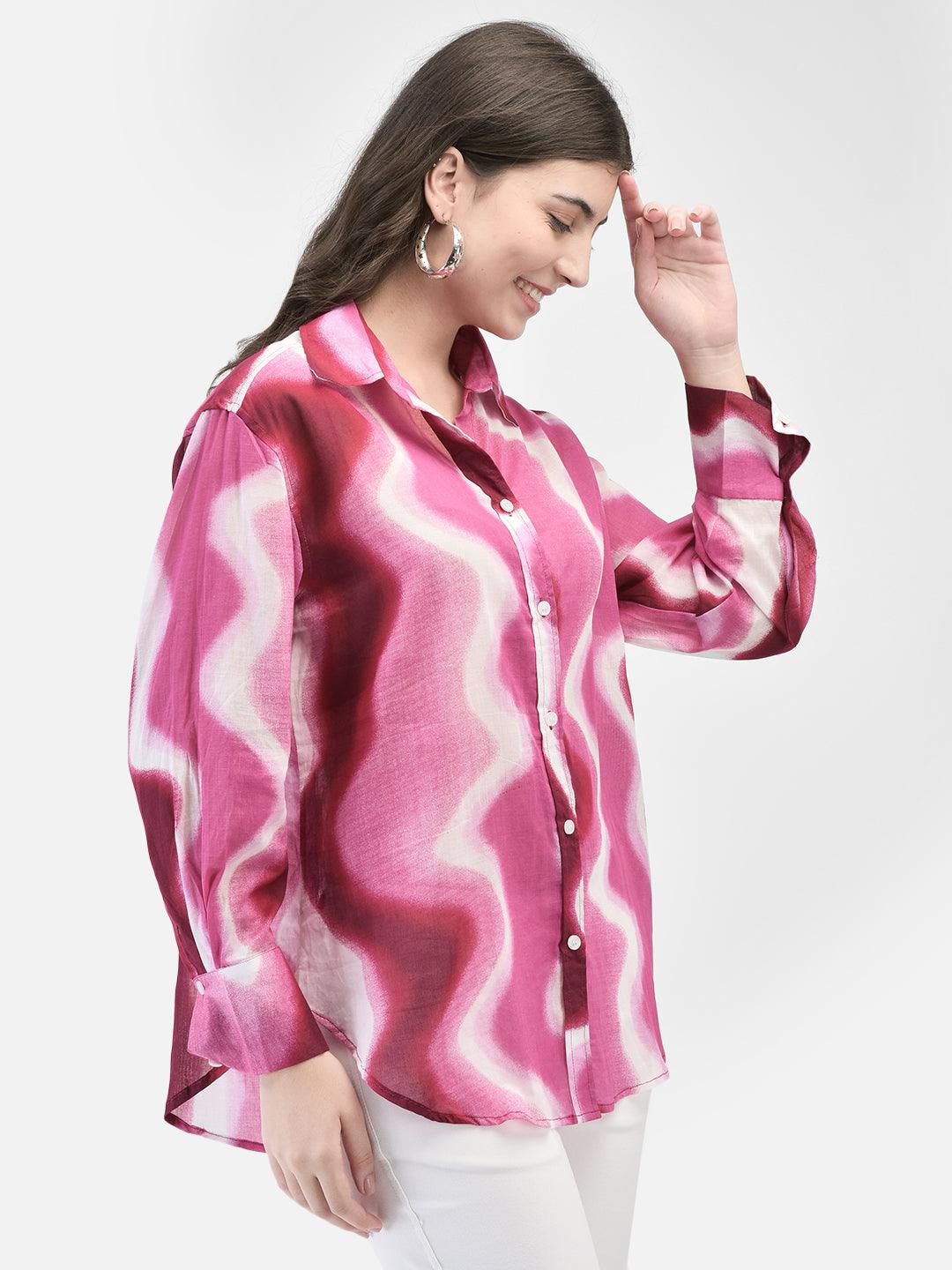 Woman with hand on forehead wearing Pink Enigma full-sleeve shirt