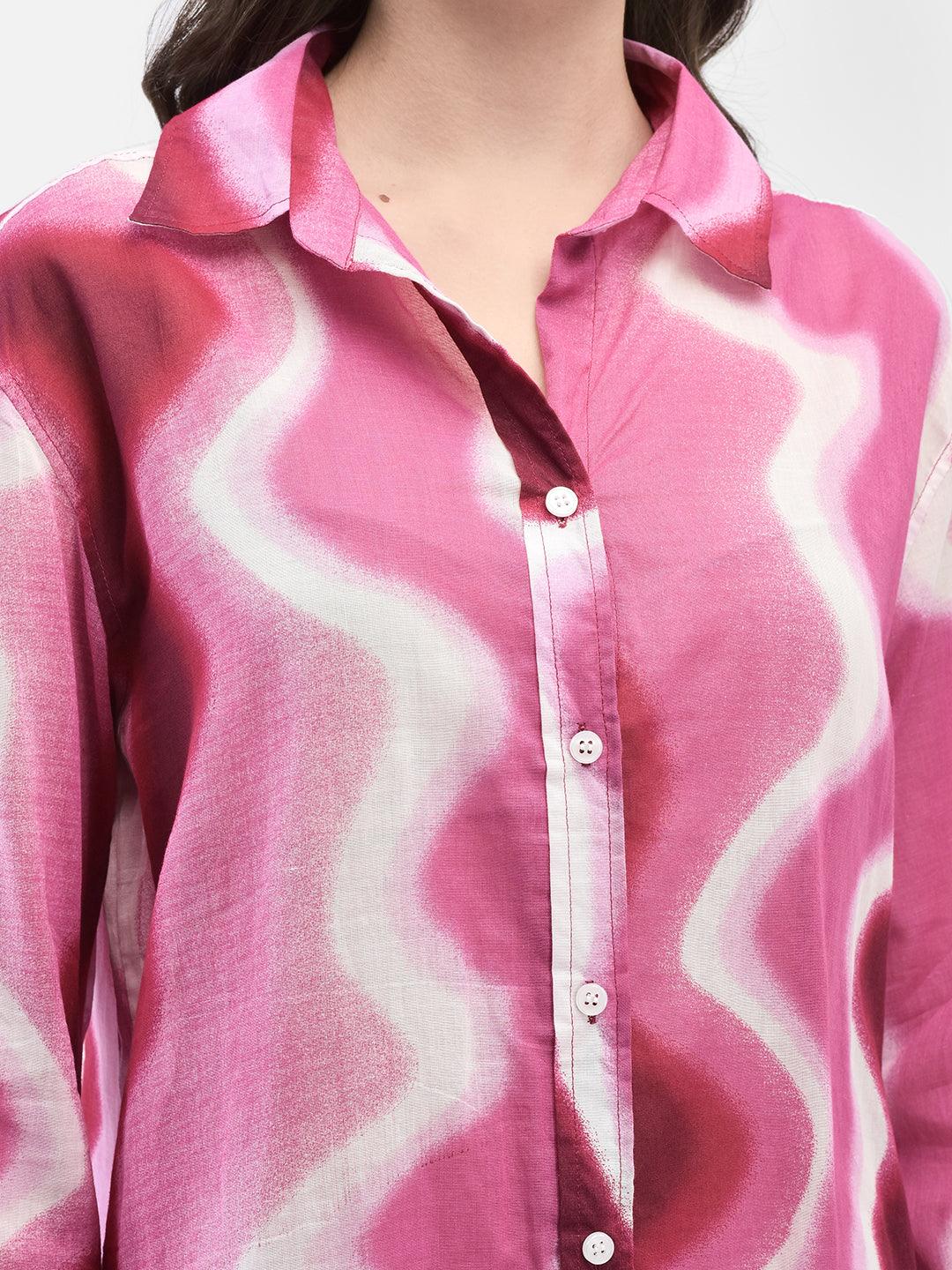 Front close-up of Pink Enigma Shirt showing collar and wave print