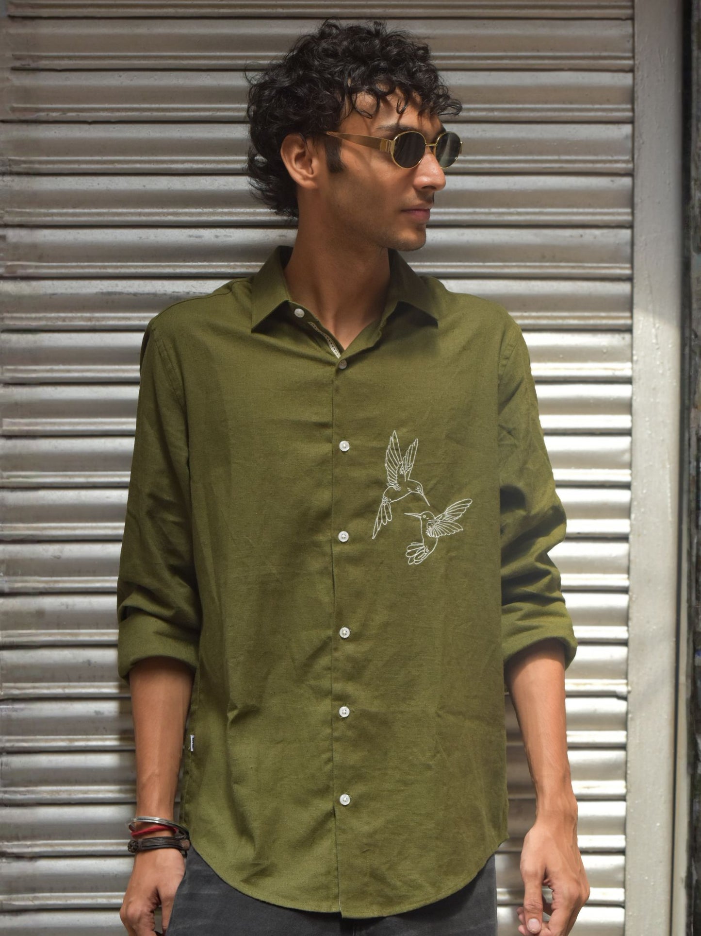 Olive Linen Shirt with White Hand Embroidery
