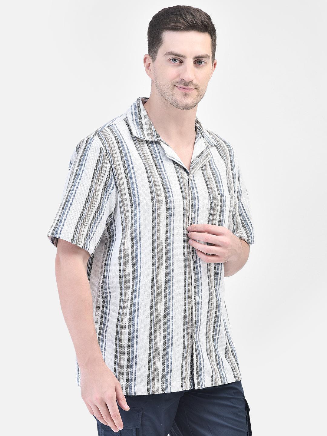 Side angle of white striped shirt for men – short sleeves and relaxed fit