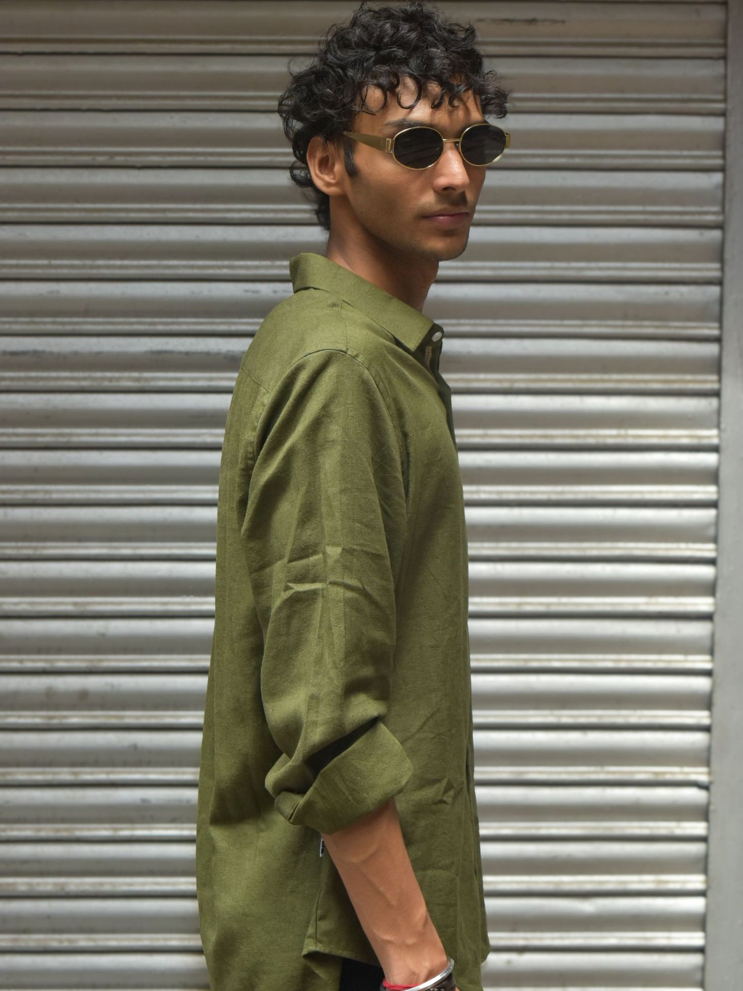 Olive Linen Shirt with White Hand Embroidery