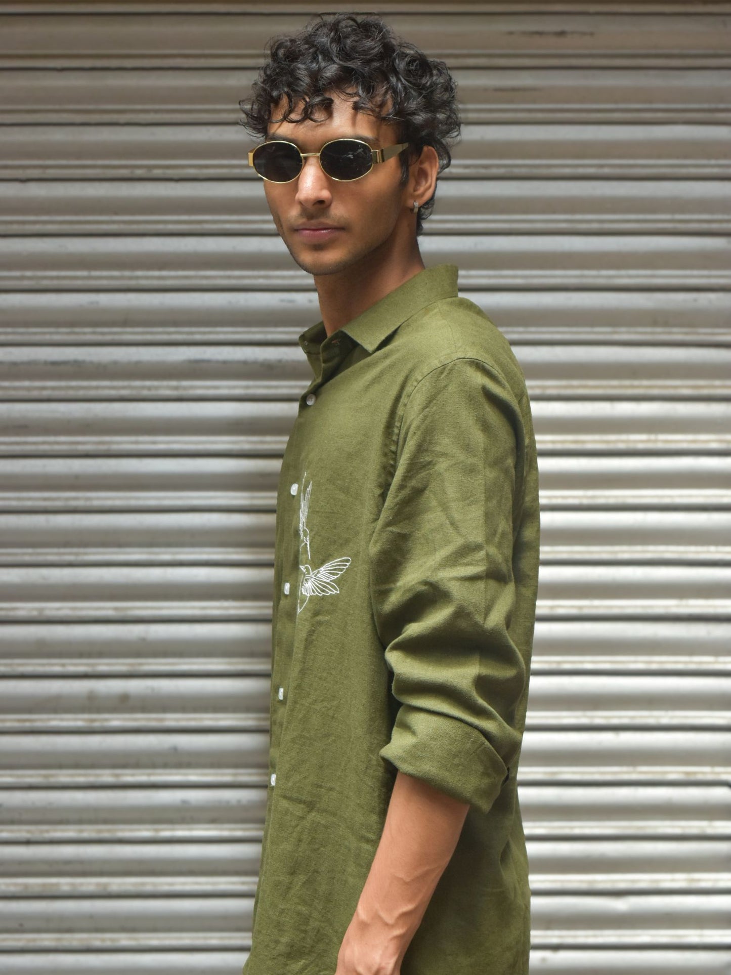 Olive Linen Shirt with White Hand Embroidery