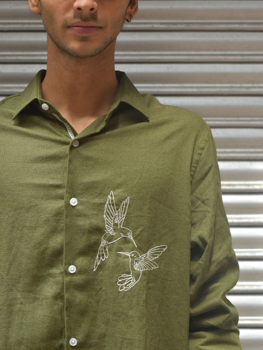 Olive Linen Shirt with White Hand Embroidery