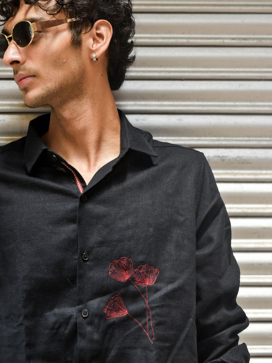 Black Linen Shirt with Red Hand Embroidery
