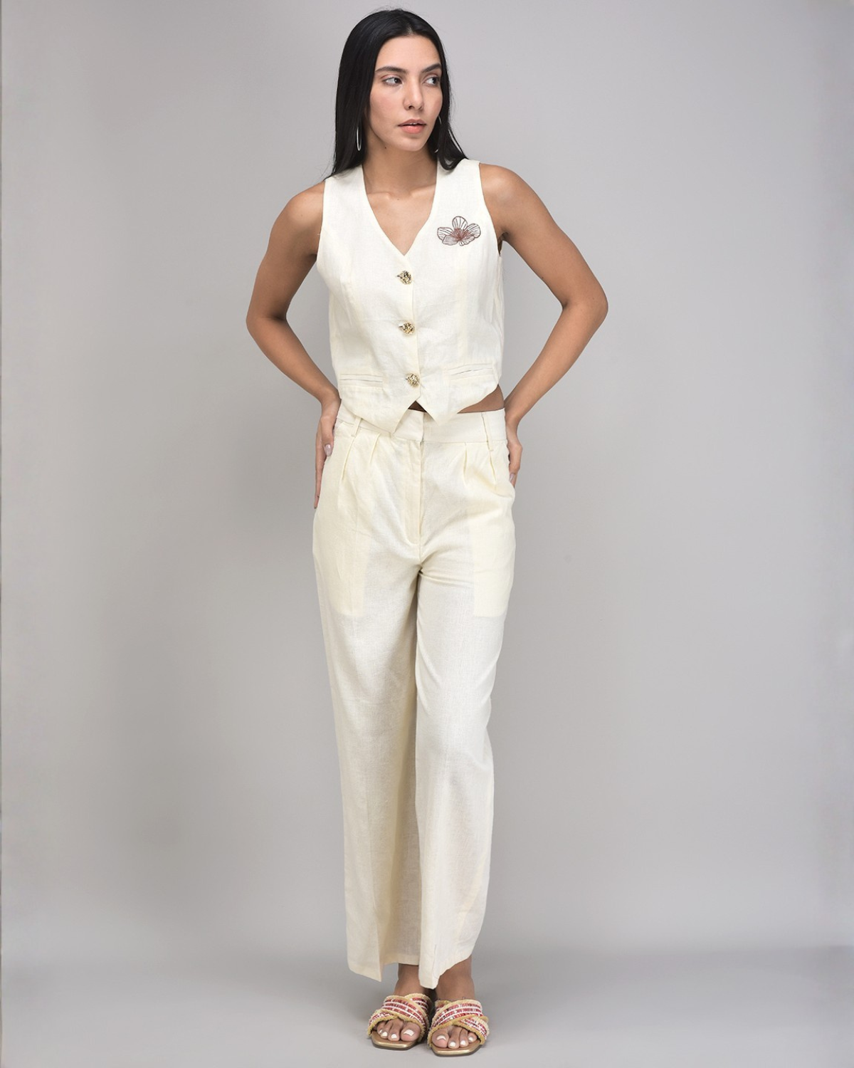 Amber Linen Co-ord Set – Embroidered Vest & Beige Wide-Leg Pants