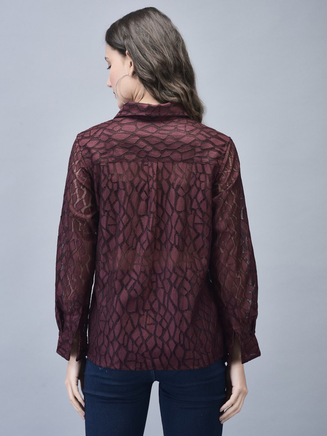 Back view of the wine colored shirt showing detailed fabric texture
