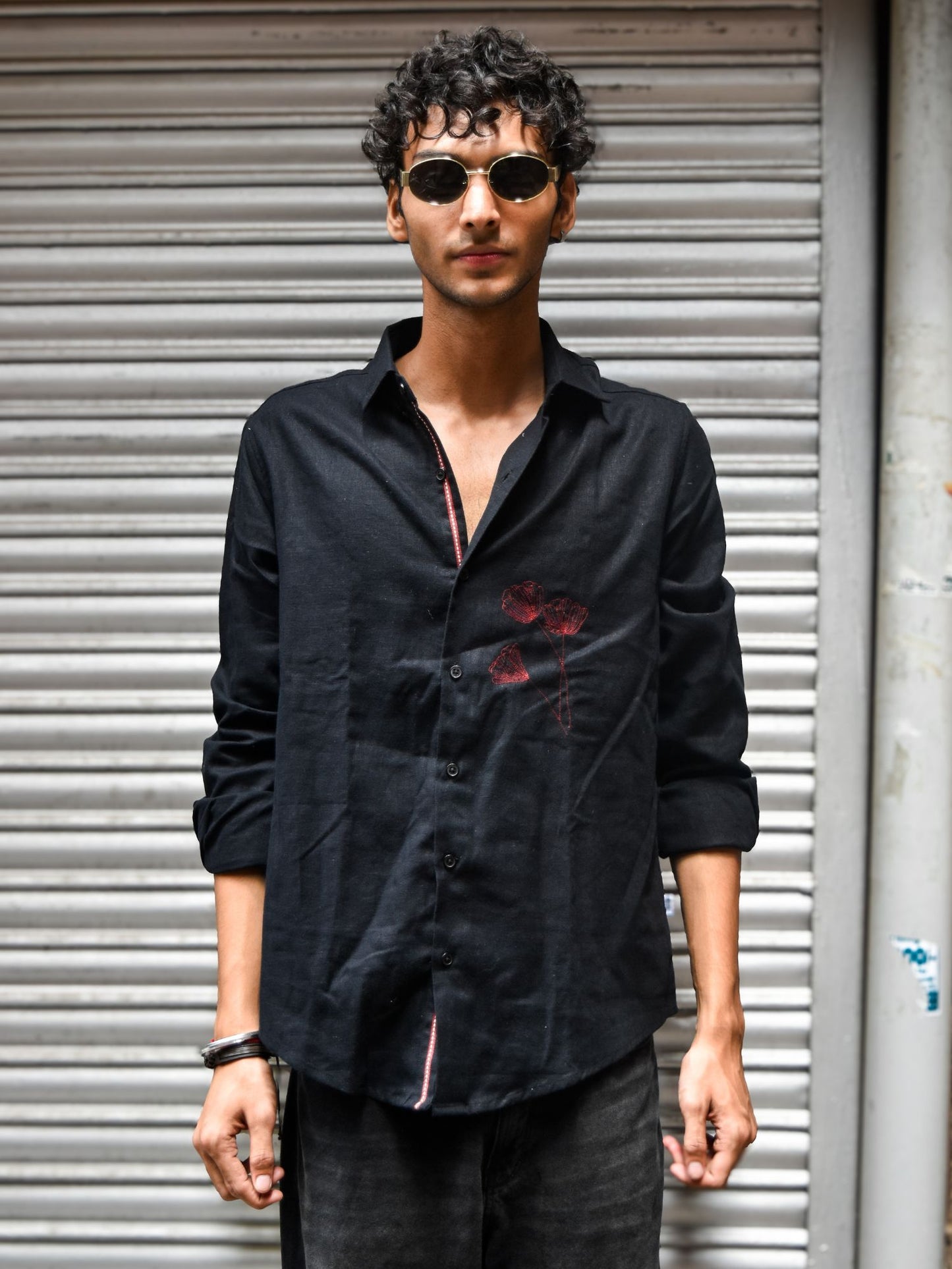 Black Linen Shirt with Red Hand Embroidery