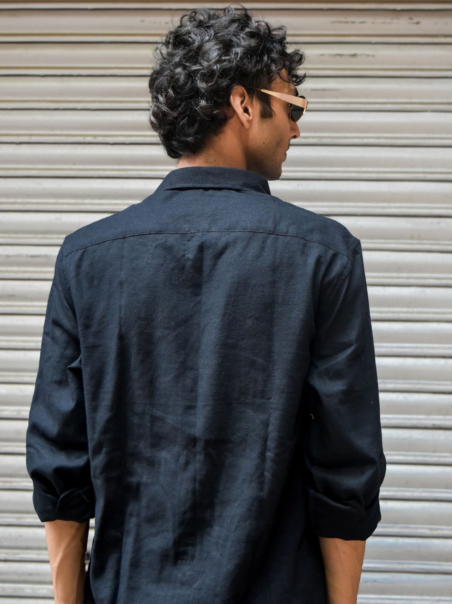 Black Linen Shirt with Red Hand Embroidery