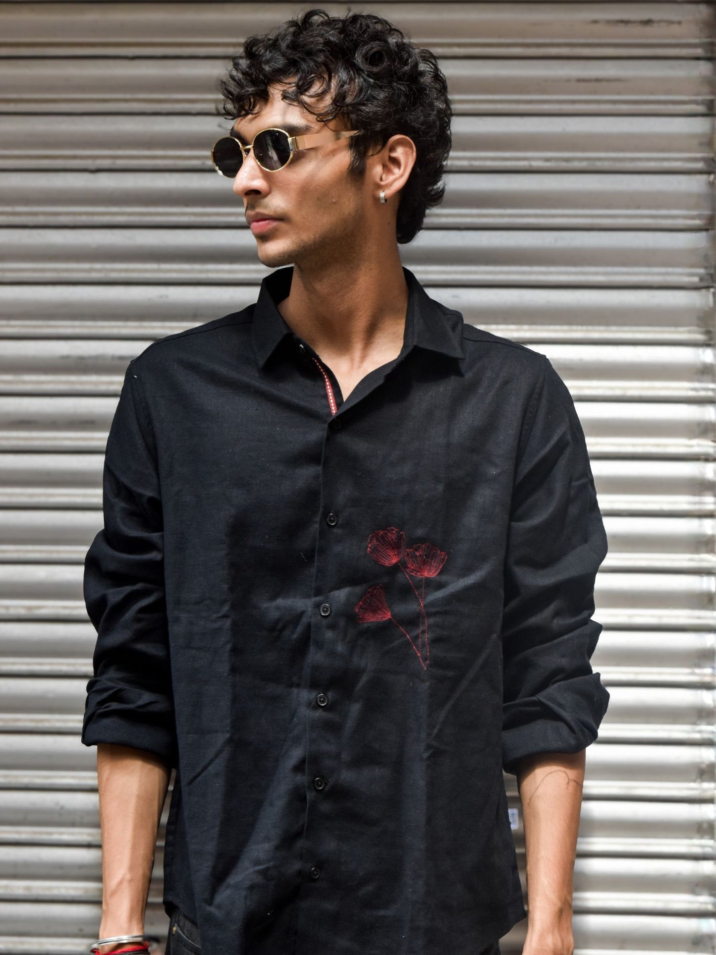Black Linen Shirt with Red Hand Embroidery