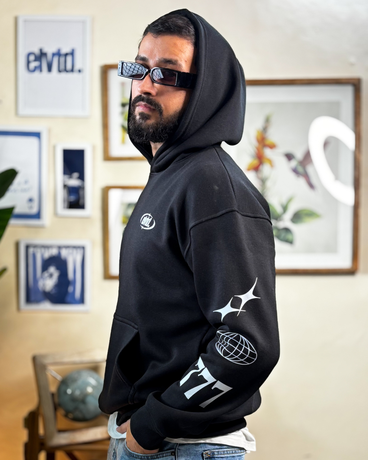 Black Oversized Double Hooded Graphic Hoodie
