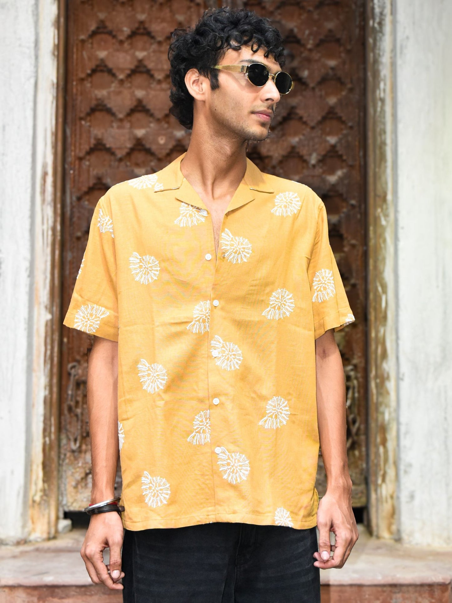 Mustard Linen Embroidered Shirt | Unisex