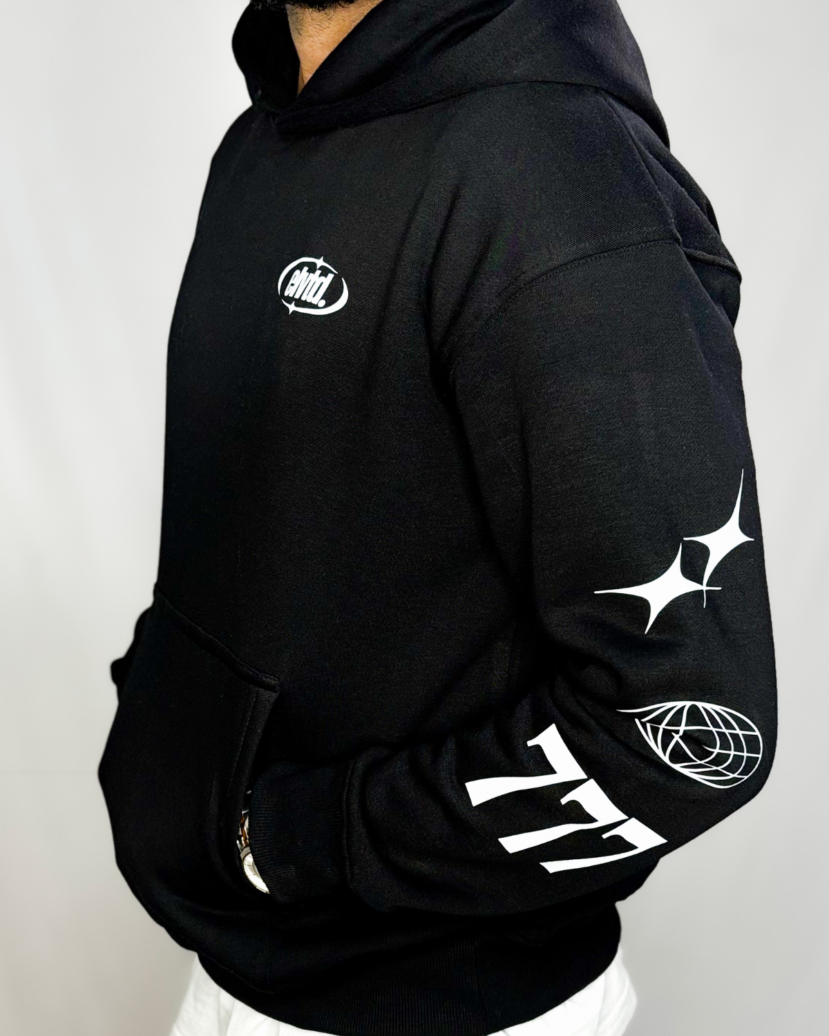 Black Oversized Double Hooded Graphic Hoodie