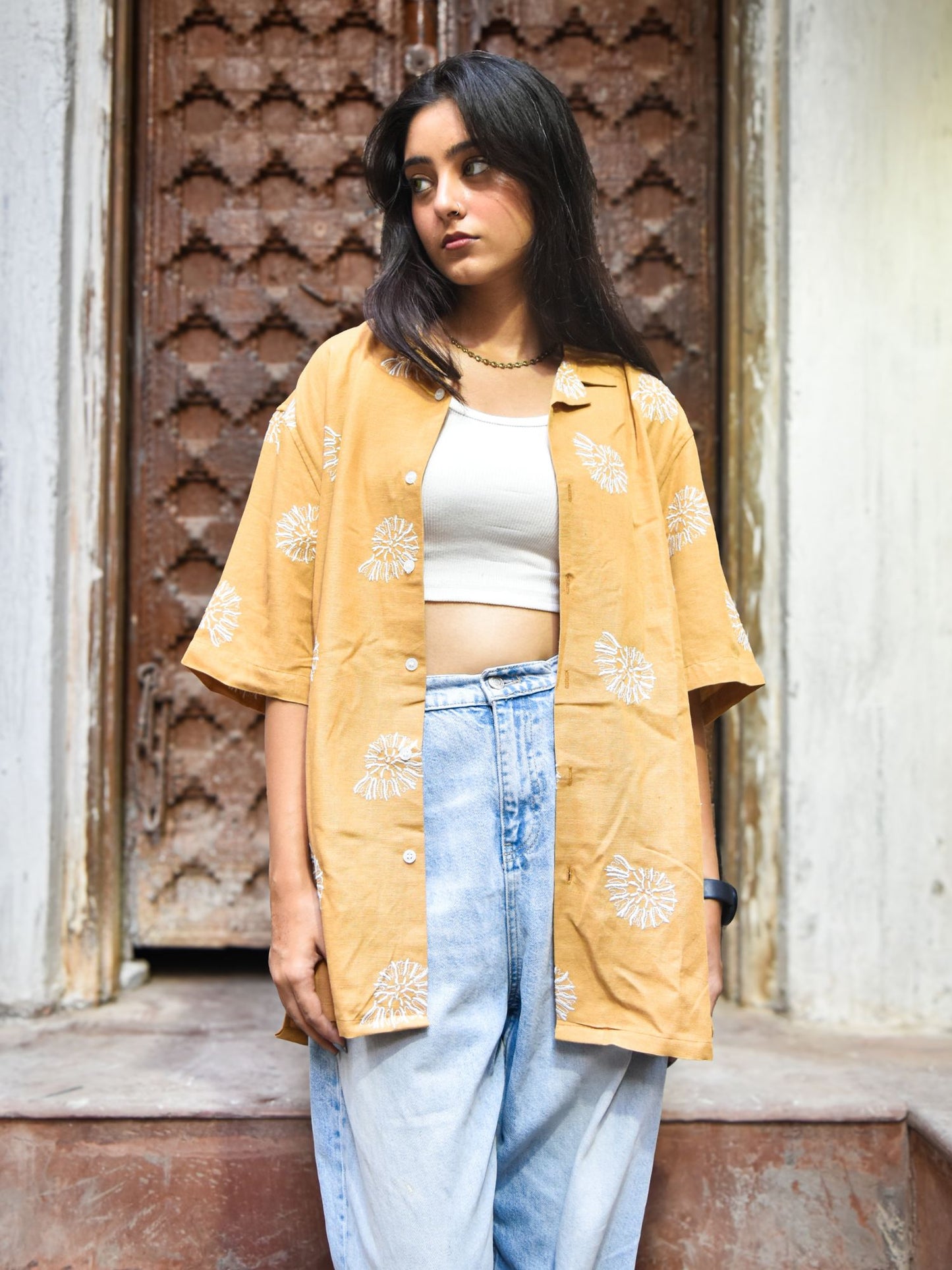 Mustard Linen Embroidered Shirt | Unisex