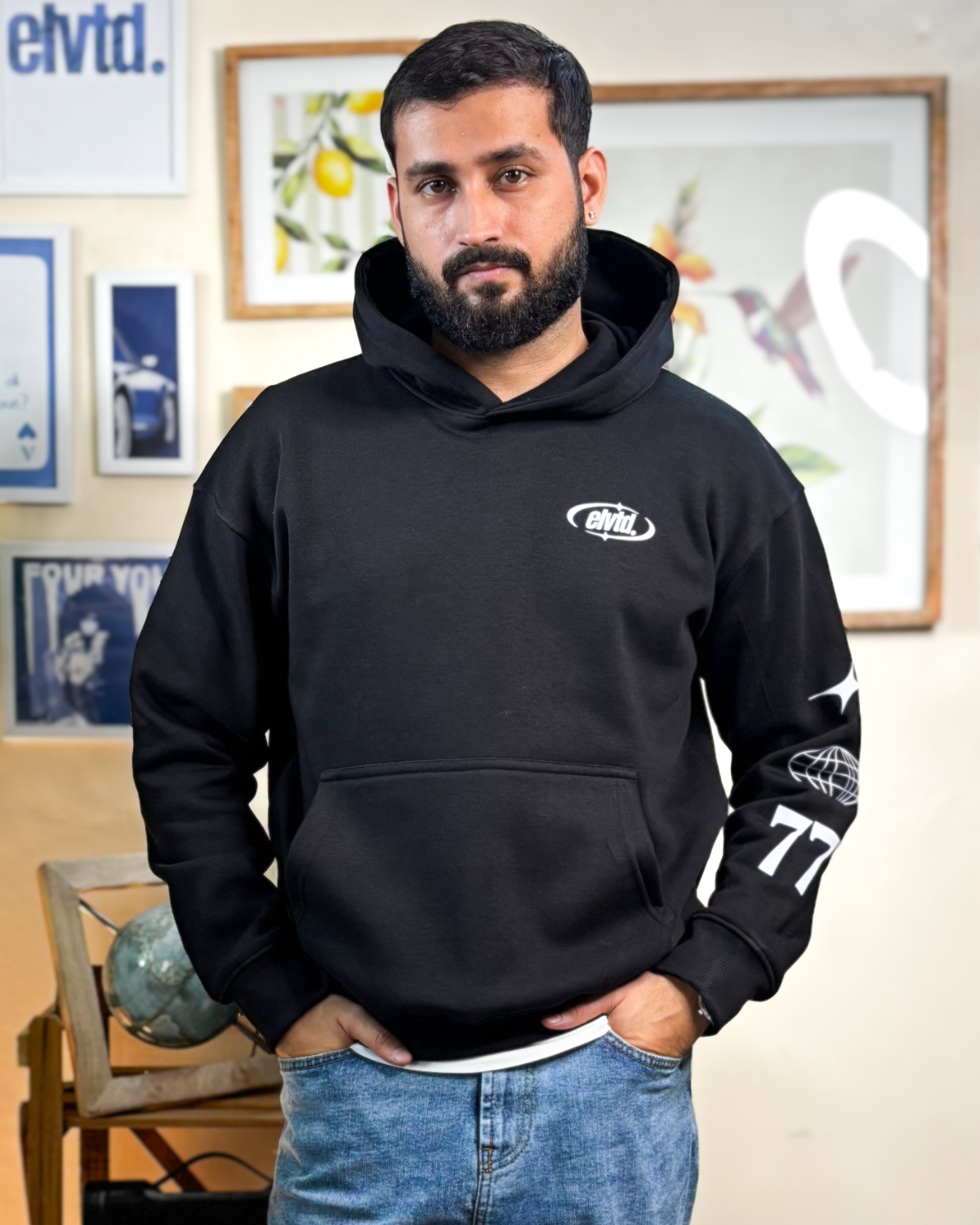 Black Oversized Double Hooded Graphic Hoodie