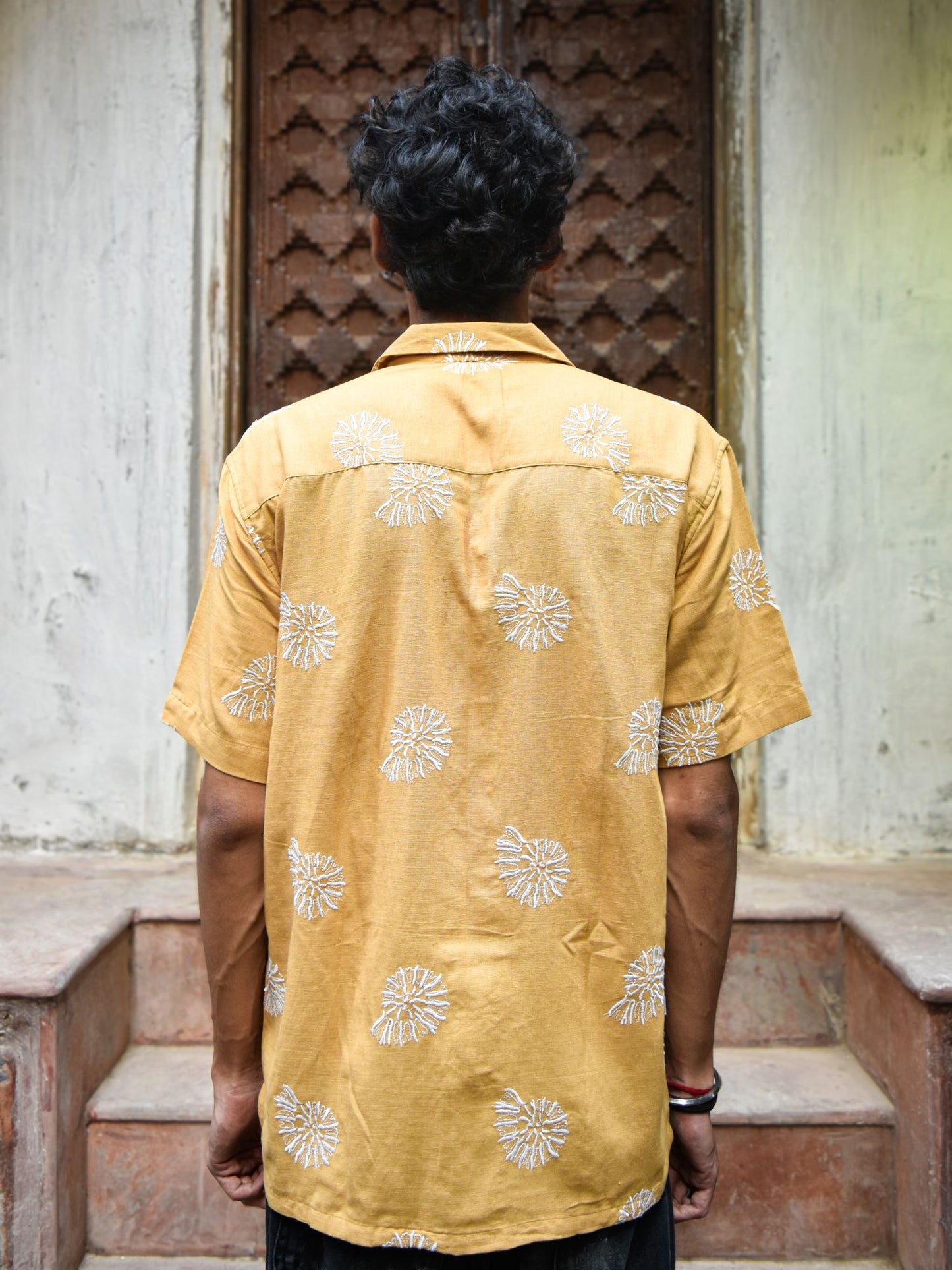 Mustard Linen Embroidered Shirt | Unisex