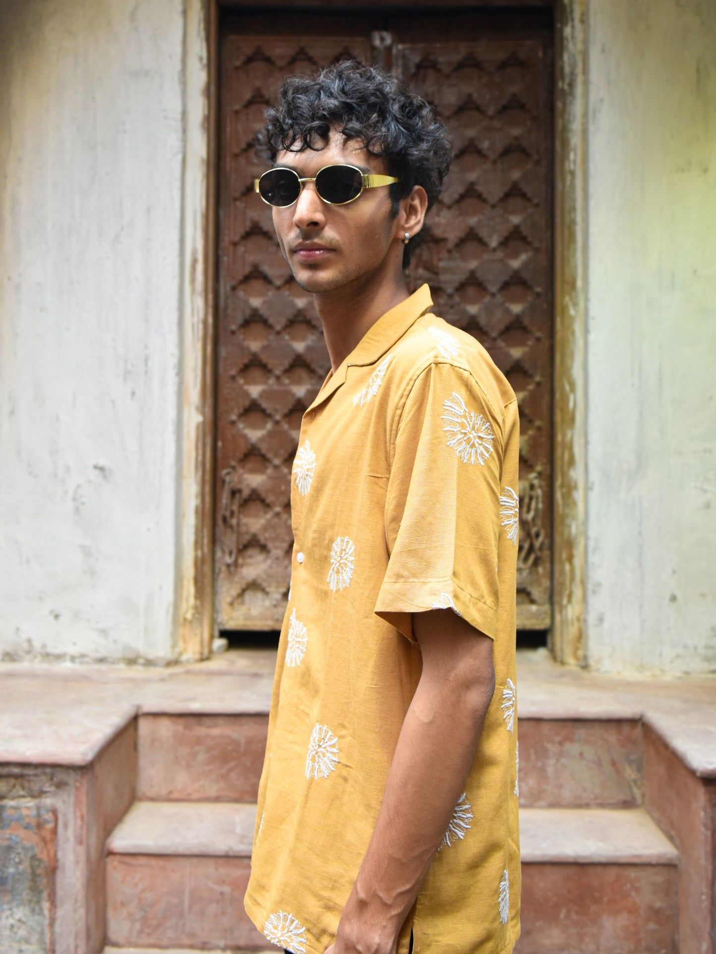 Mustard Linen Embroidered Shirt | Unisex