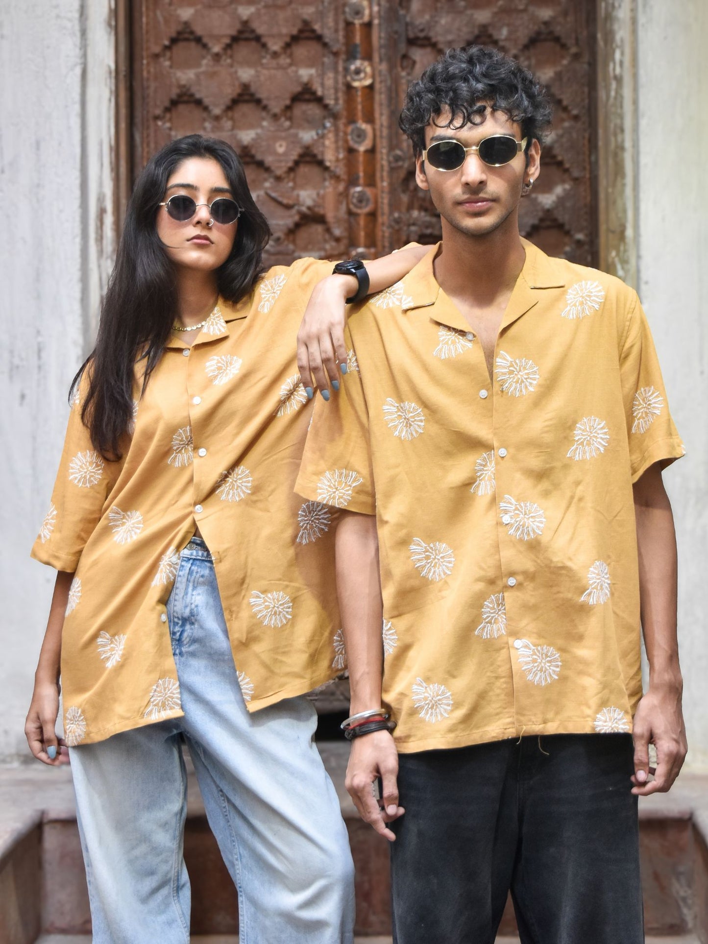 Mustard Linen Embroidered Shirt | Unisex