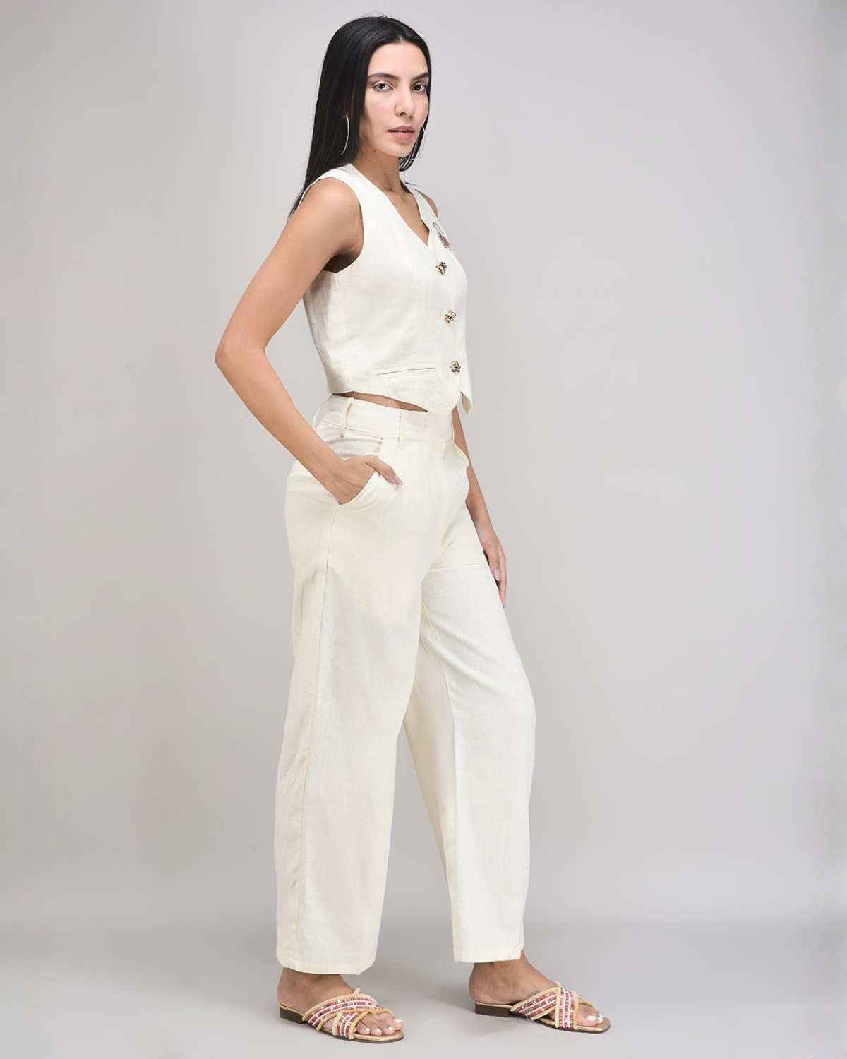Amber Linen Co-ord Set – Embroidered Vest & Beige Wide-Leg Pants