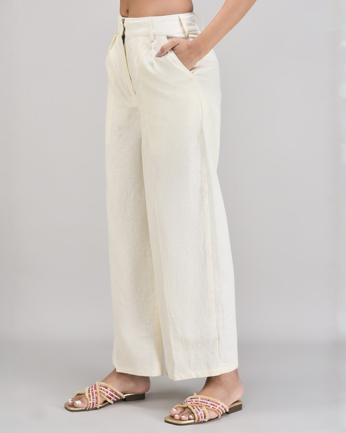 Amber Linen Co-ord Set – Embroidered Vest & Beige Wide-Leg Pants