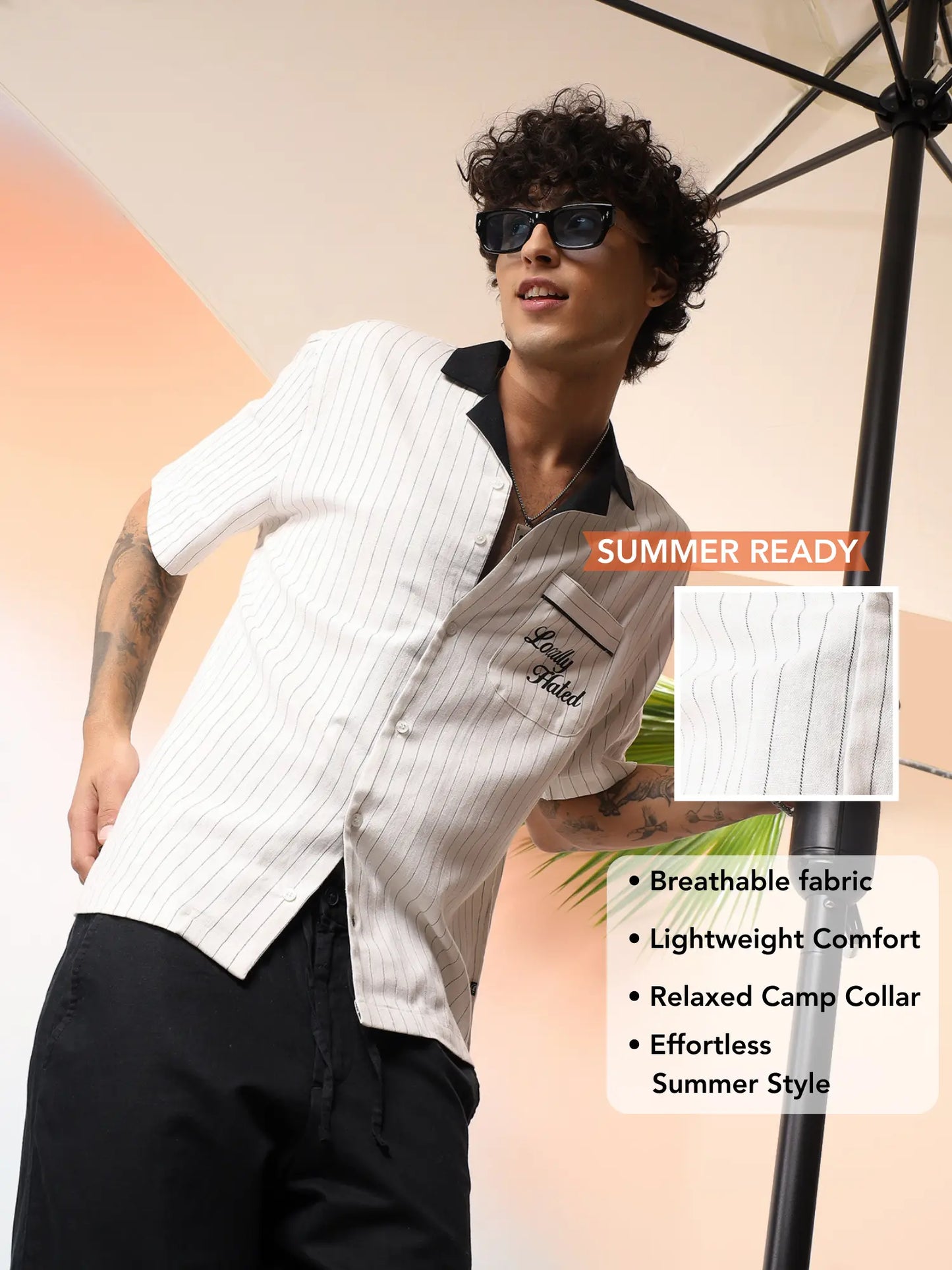 Cream Pinstripe Camp Collar Shirt