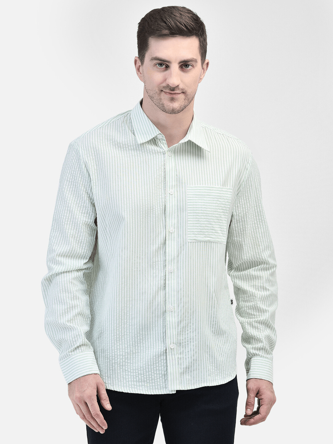 Front view of man wearing mint green striped cotton shirt – hands at side