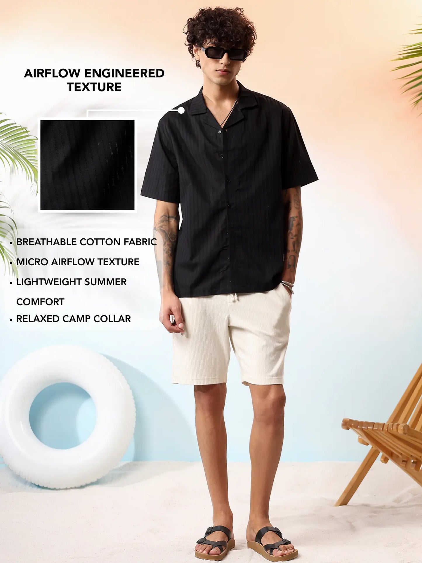 Black Textured Camp Collar Shirt