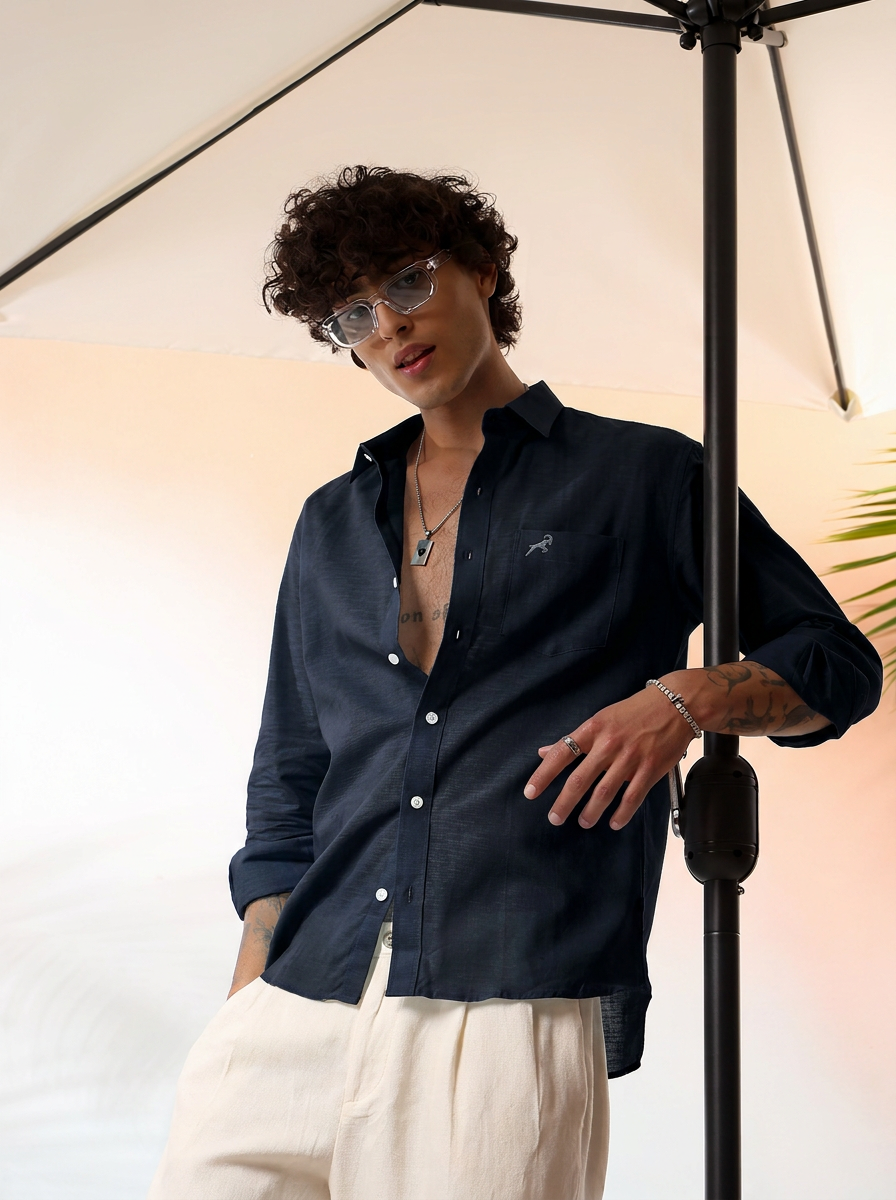 Navy Blue Linen Shirt