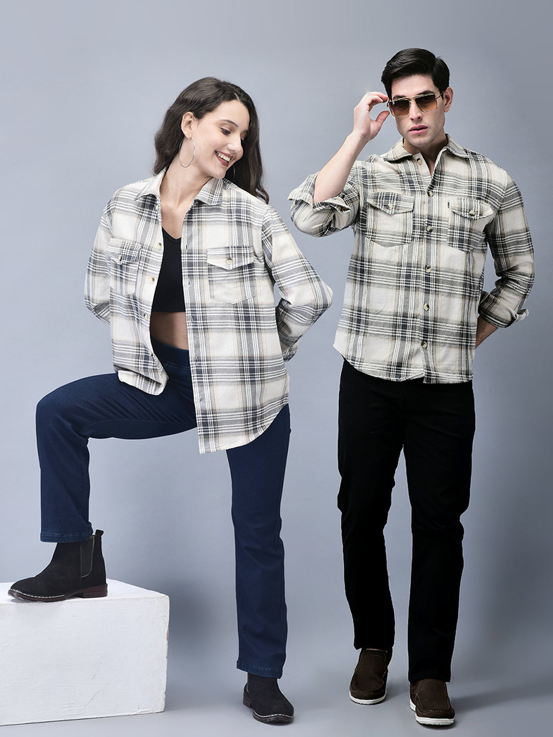Beige & White Checked Brushed Overshirt | Unisex