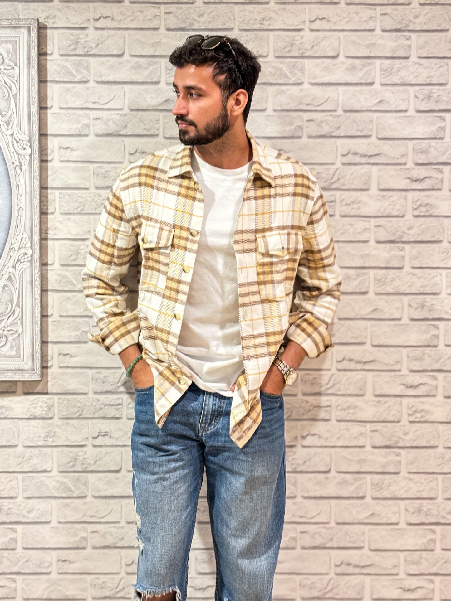 Beige Brown Checked Brushed Overshirt | Unisex