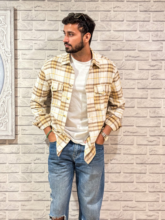 Beige Brown Checked Brushed Overshirt | Unisex