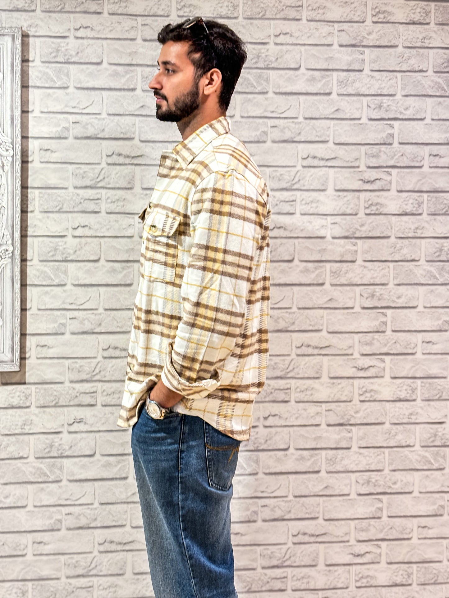 Beige Brown Checked Brushed Overshirt | Unisex