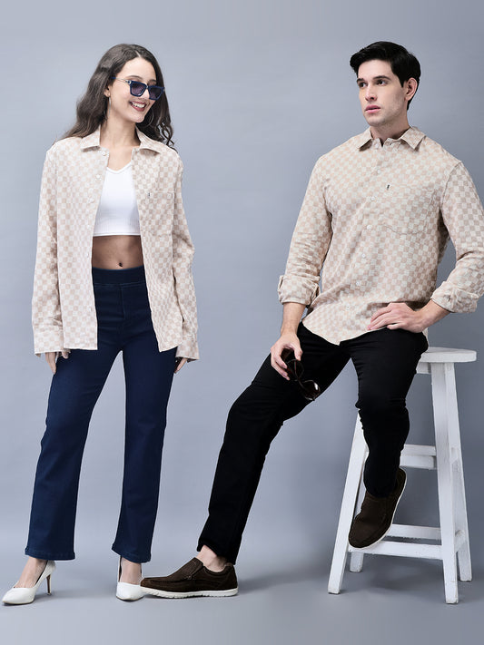 Men’s Beige Textured Check Regular Fit Winter Shirt
