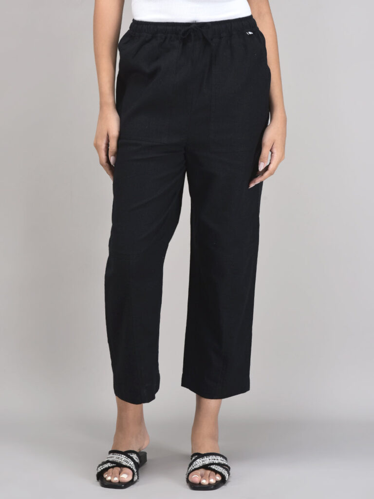 Women’s Black Linen Pants – Tapered Fit with Elastic Waist