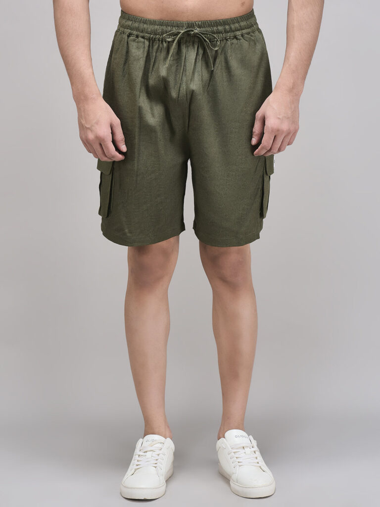Men’s Olive Linen Shorts – Pure Linen Summer Cargo with Elastic Waist