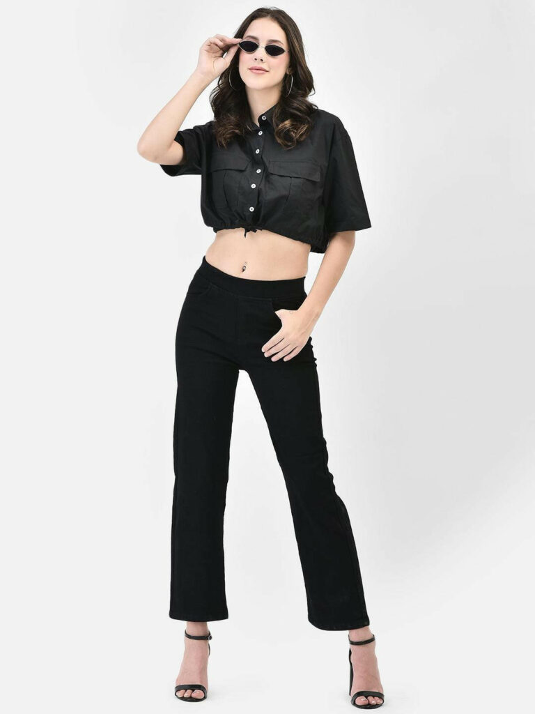 Black Cropped Shirt – Cotton Midriff Fit for Women