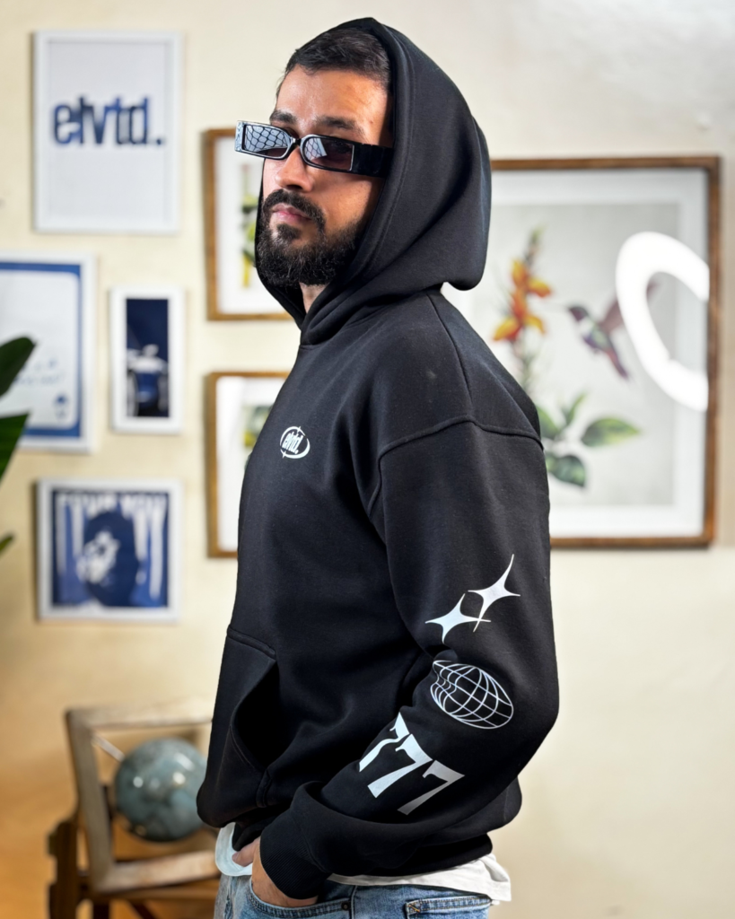 Black Oversized Double Hooded Graphic Hoodie