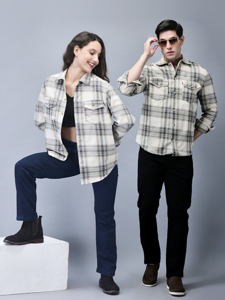 Beige & White Checked Brushed Overshirt | Unisex